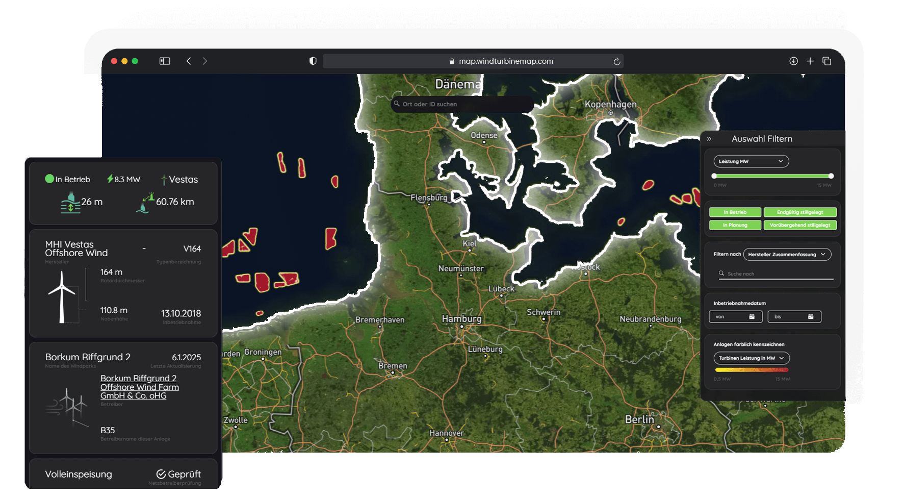 All offshore wind farms in Germany Map view