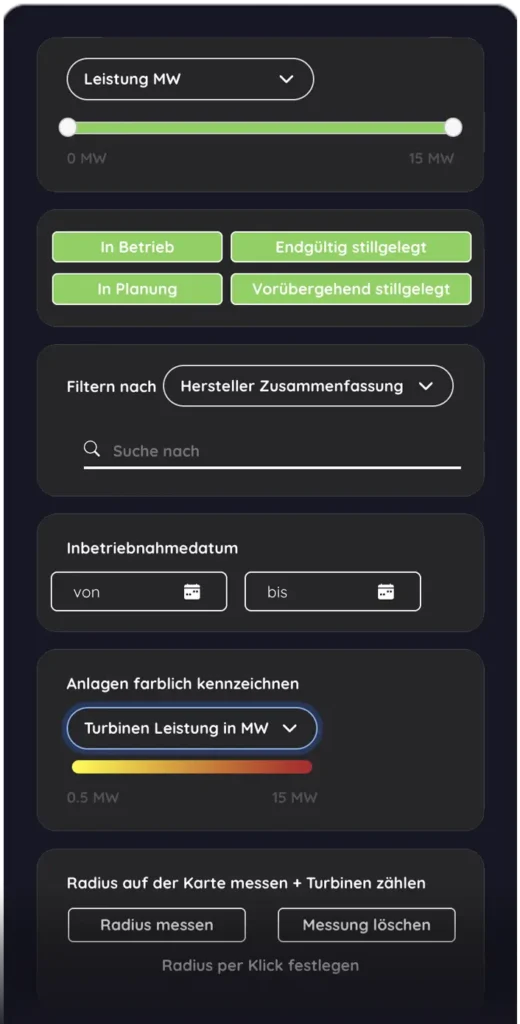 Filterfunktionen um Anlagen auf der Karte zu filtern