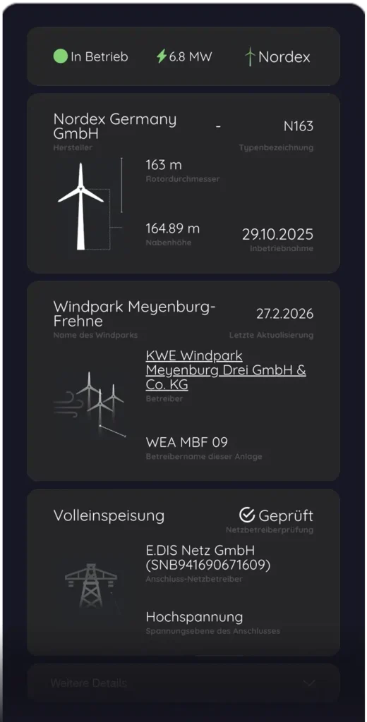 Leistung, Maße, Hersteller und Anschlussdaten übersichtlich dargestellt.